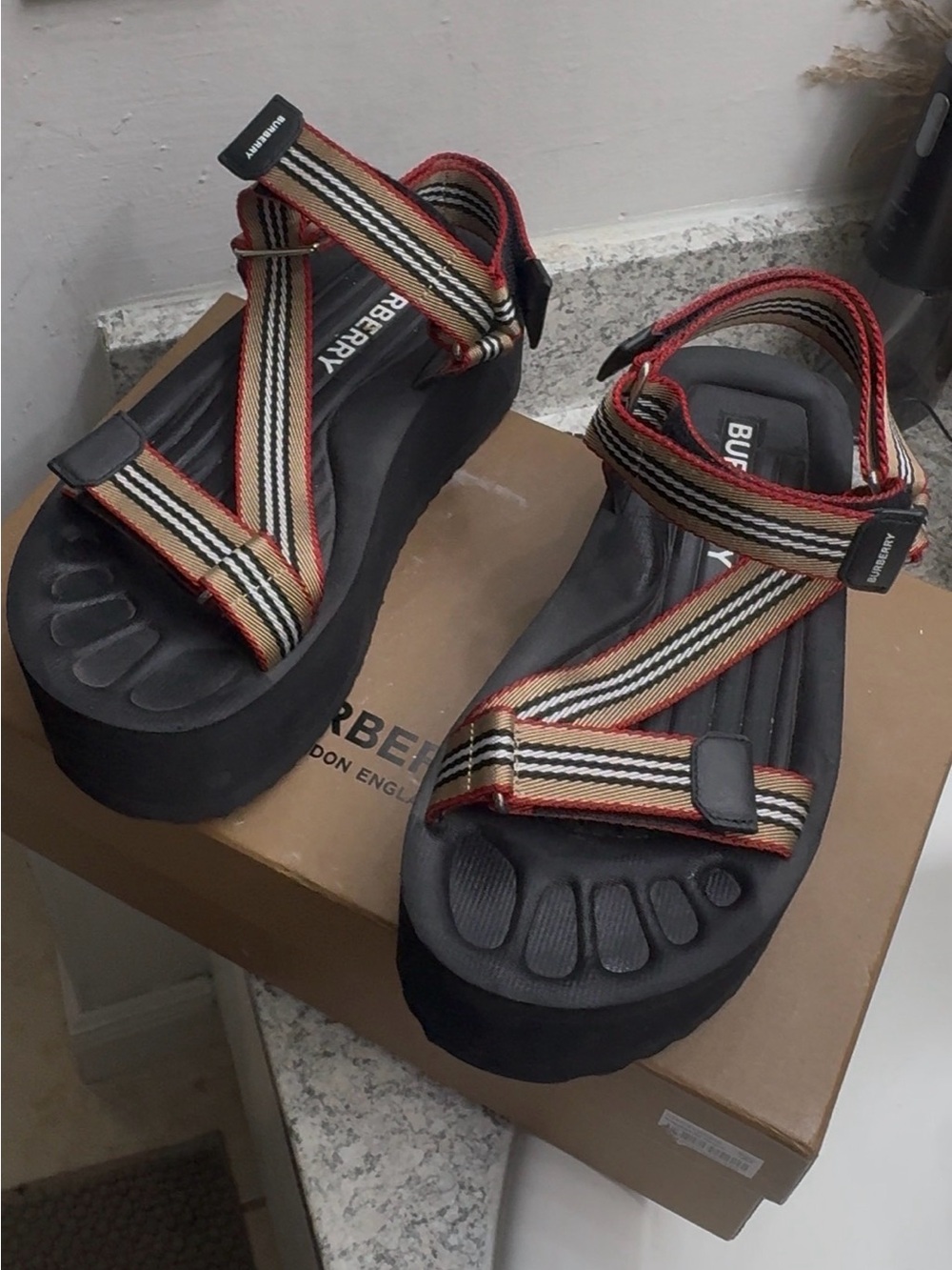 Burberry Black Platform Sandals with Red and Tan Striped Webbing